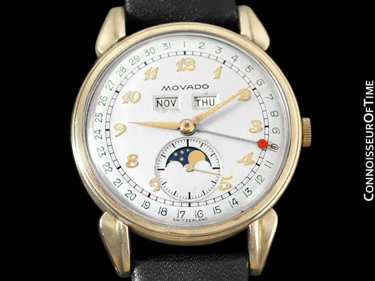 1940's Movado Vintage Triple Calendar Moon Phase - Stainless Steel & 14K Gold - The Celestograph