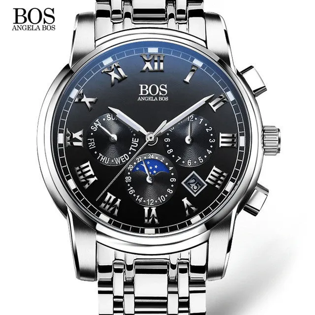 2016 mens watches top brand luxury BOS Three dial work stainless steel Moon Phase Waterproof Luminous men's watches quartz-watch