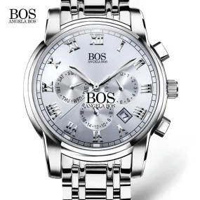 2016 mens watches top brand luxury BOS Three dial work stainless steel Moon Phase Waterproof Luminous men's watches quartz-watch