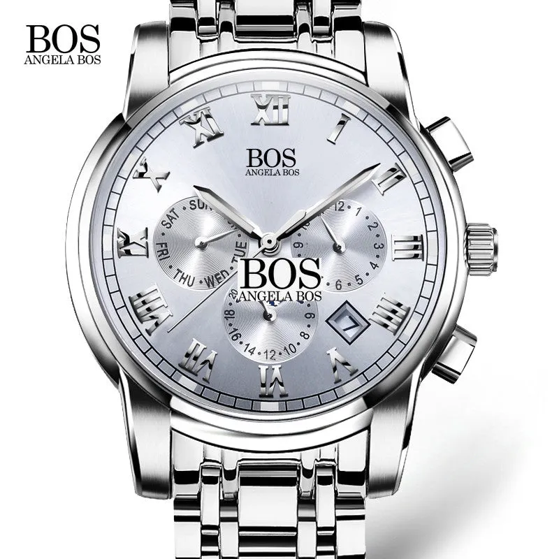 2016 mens watches top brand luxury BOS Three dial work stainless steel Moon Phase Waterproof Luminous men's watches quartz-watch