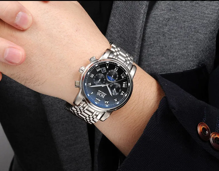 2016 mens watches top brand luxury BOS Three dial work stainless steel Moon Phase Waterproof Luminous men's watches quartz-watch