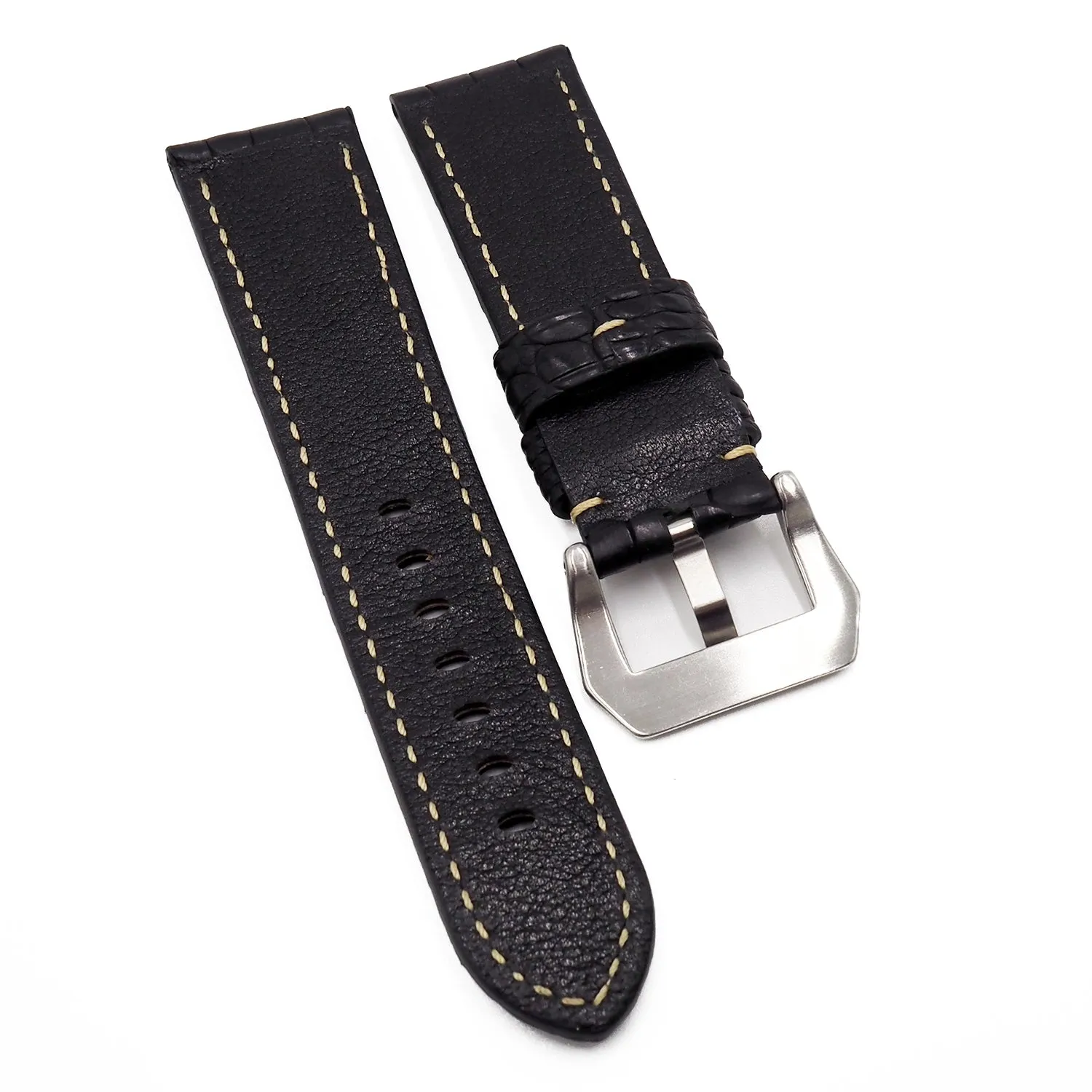 22mm, 24mm, 26mm Black Alligator Leather Watch Strap For Panerai, Cream Stitching, Small Scale Pattern