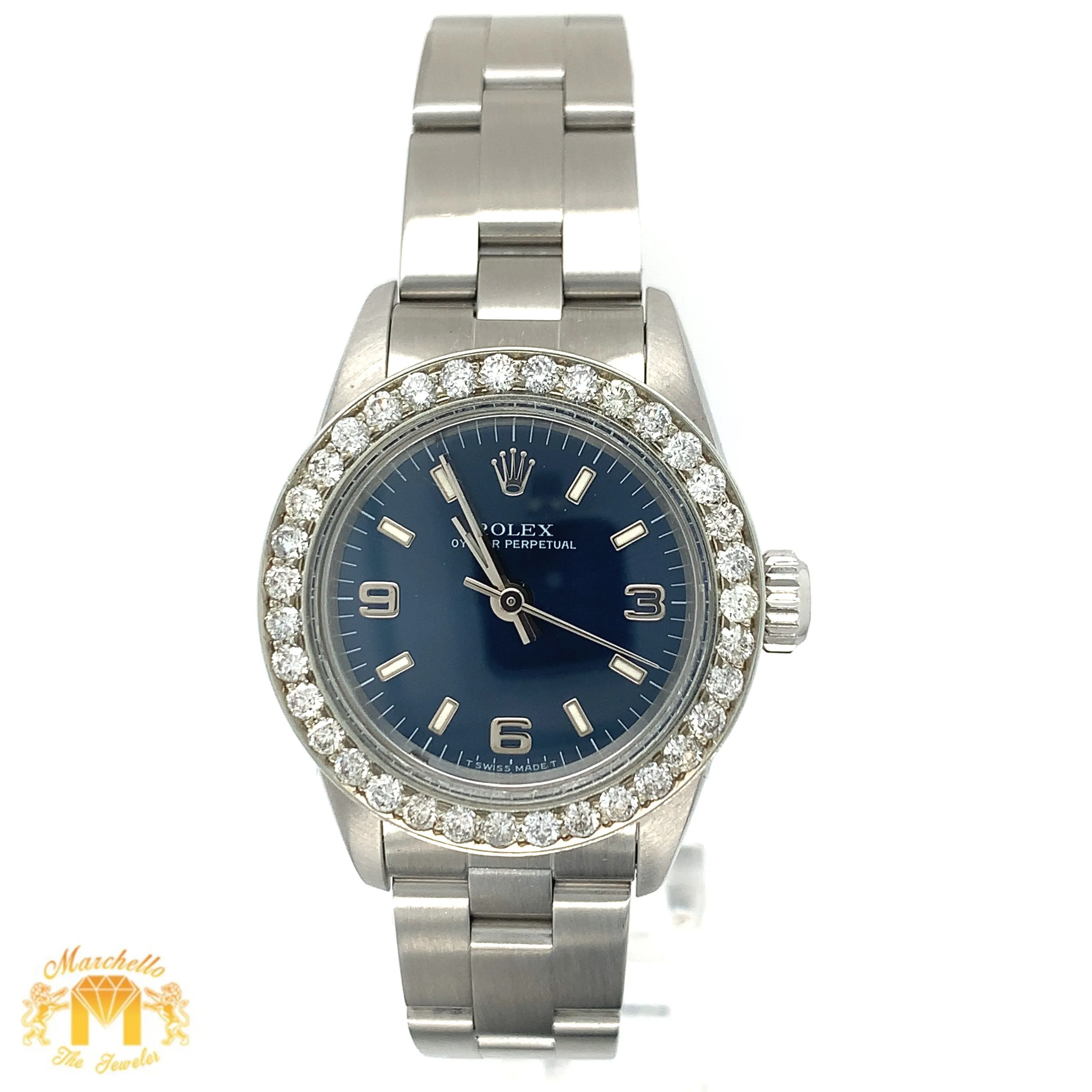 24mm Ladies’ Rolex Oyster Perpetual Stainless Steel Diamond Watch (factory blue dial)