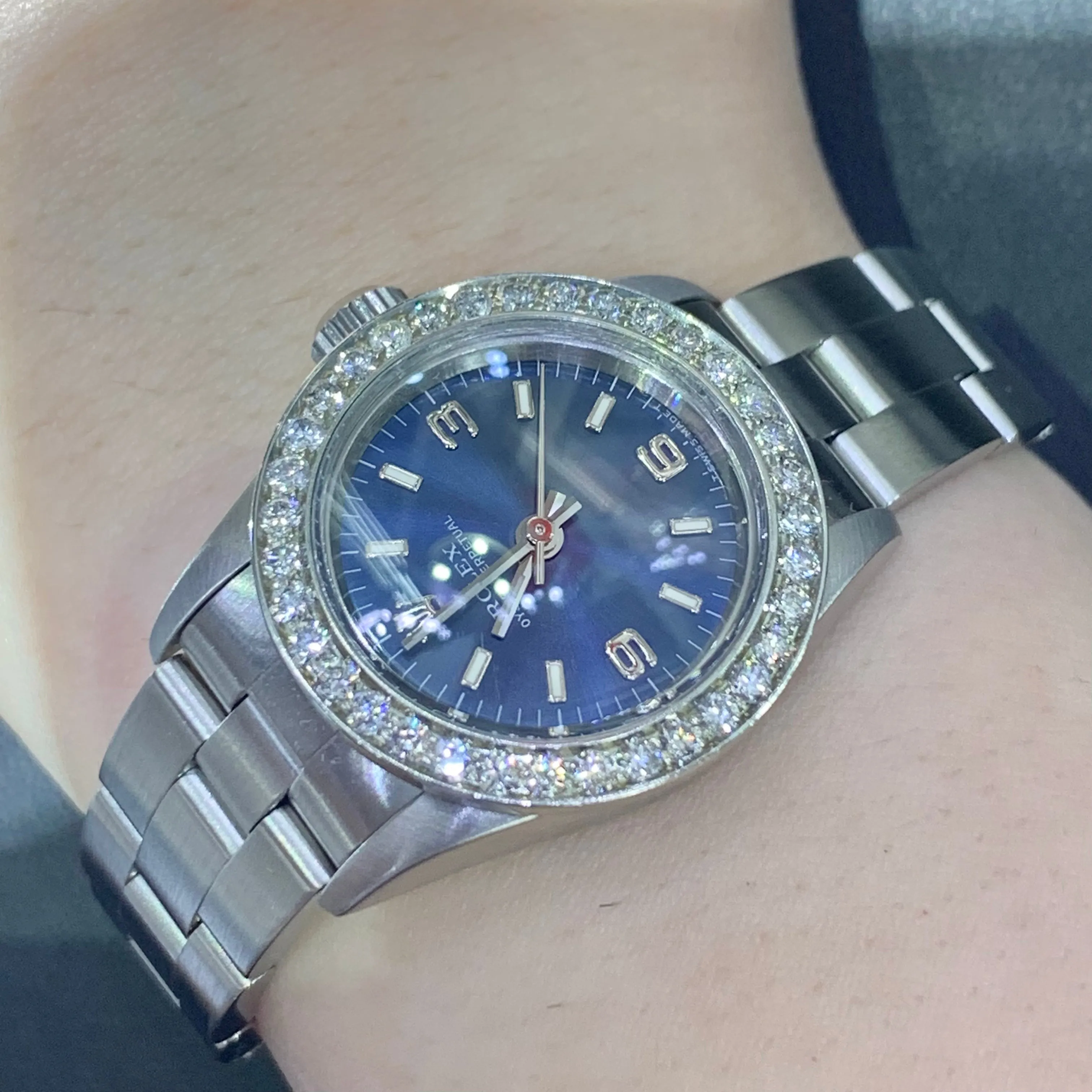 24mm Ladies’ Rolex Oyster Perpetual Stainless Steel Diamond Watch (factory blue dial)