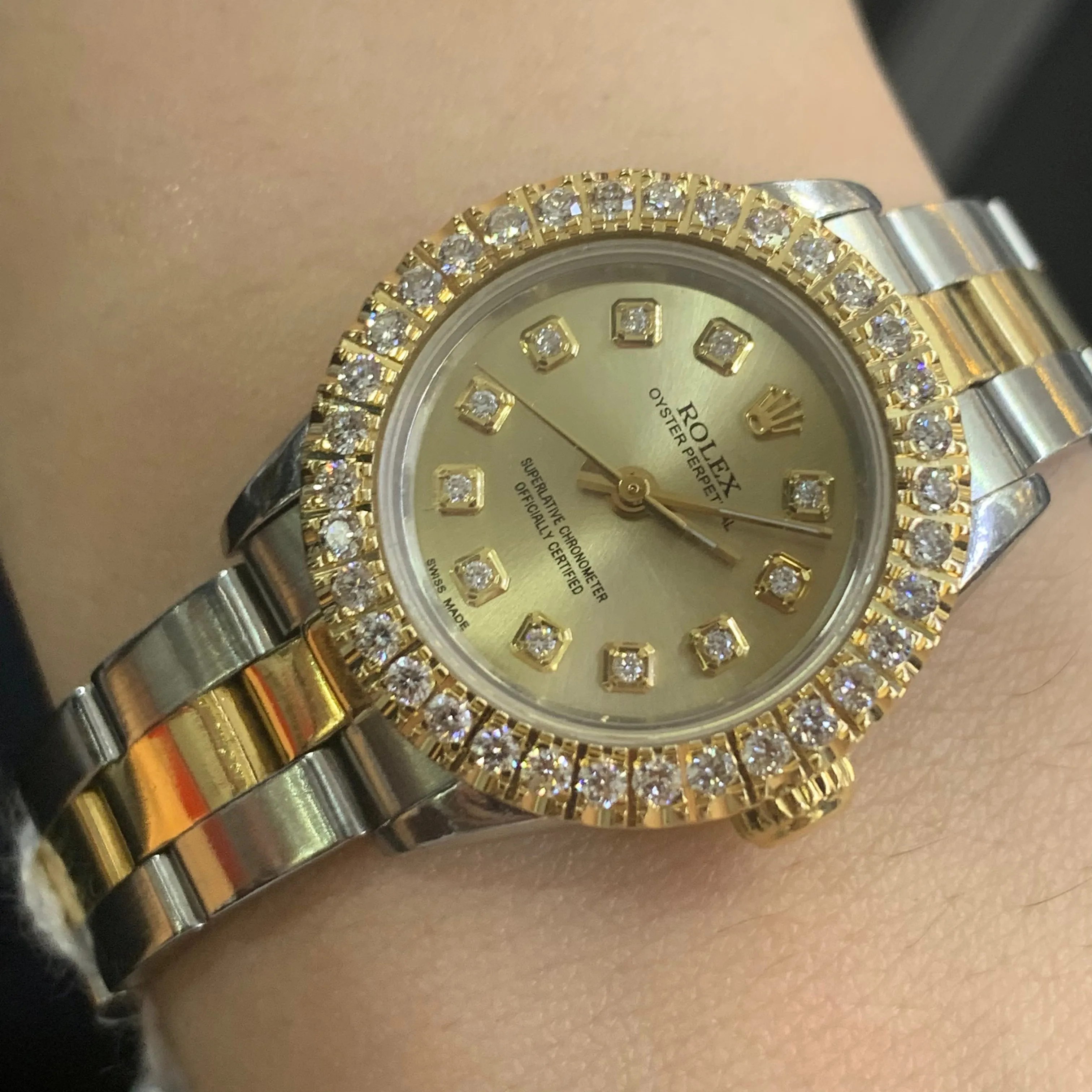 26mm Ladies` Diamond Watch with Two-Tone Oyster Bracelet (custom diamond dial and bezel)