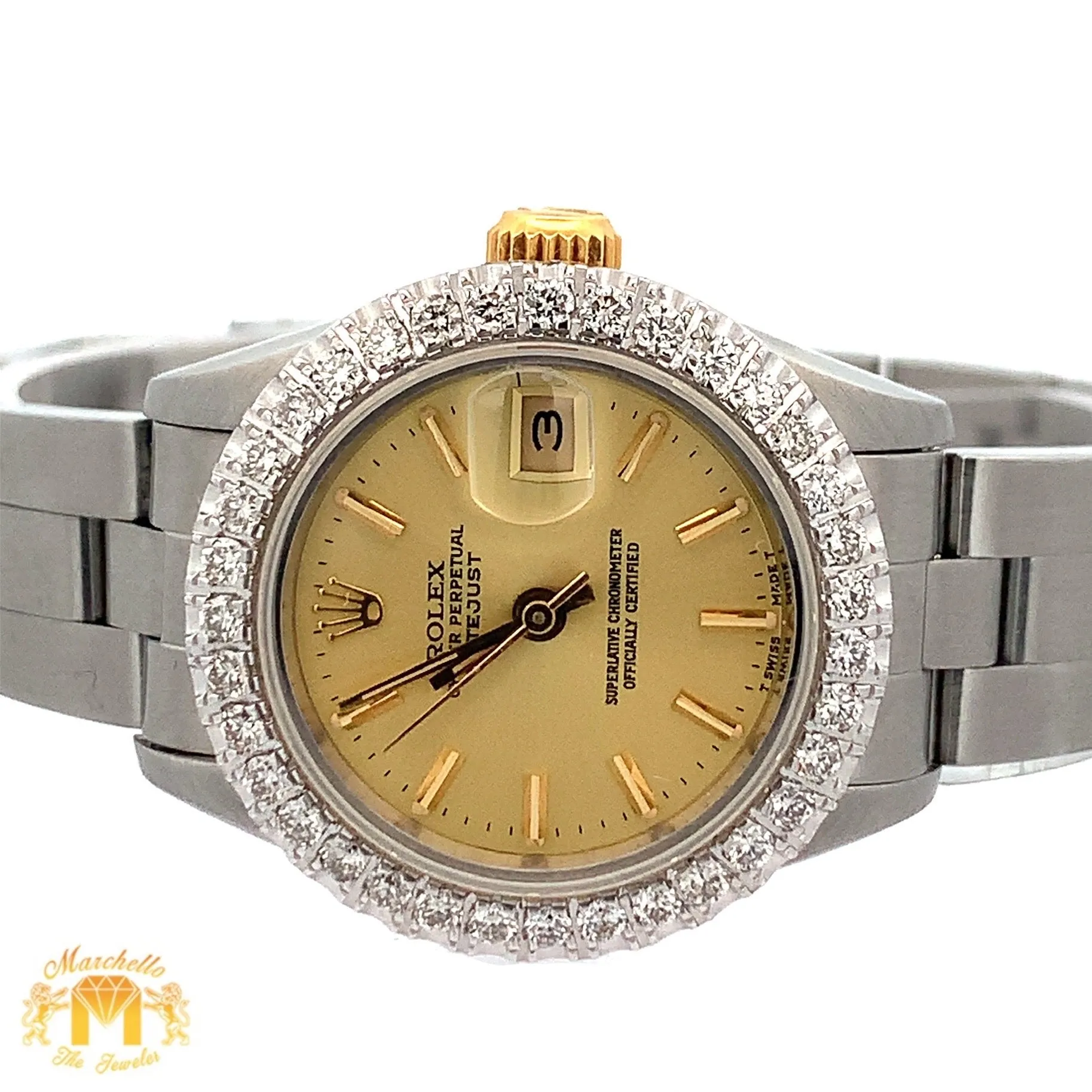 26mm Ladies`Rolex Datejust Watch with Stainless Steel Oyster Bracelet (diamond bezel, champagne dial)