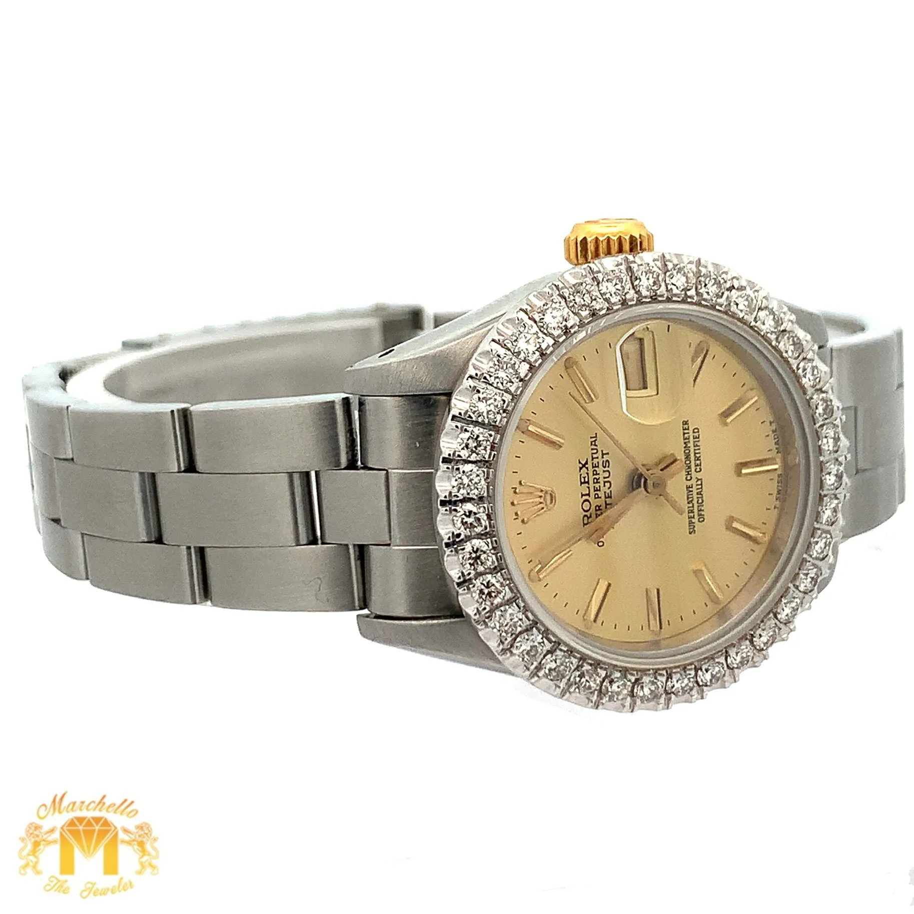 26mm Ladies`Rolex Datejust Watch with Stainless Steel Oyster Bracelet (diamond bezel, champagne dial)