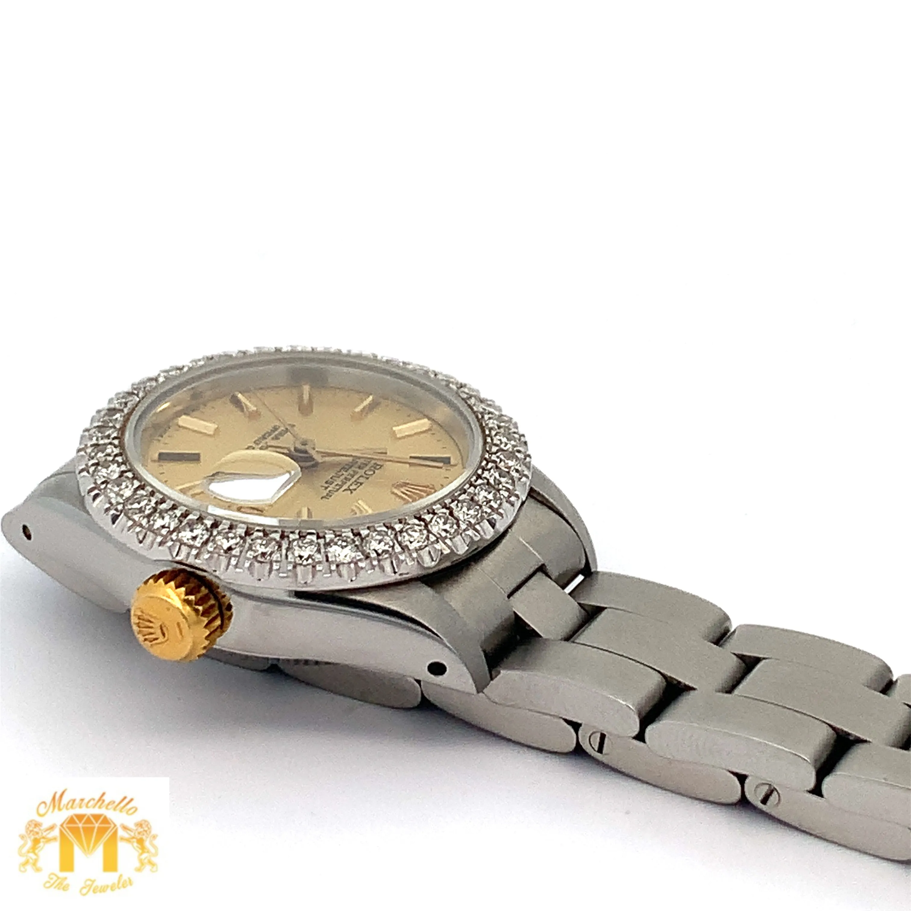 26mm Ladies`Rolex Datejust Watch with Stainless Steel Oyster Bracelet (diamond bezel, champagne dial)
