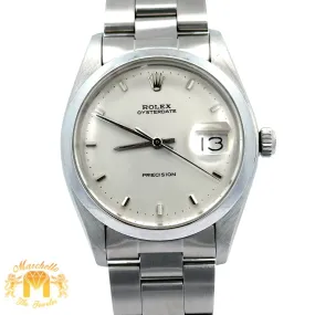 34mm Rolex Watch with Stainless Steel Oyster Bracelet (silver dial, smooth bezel)