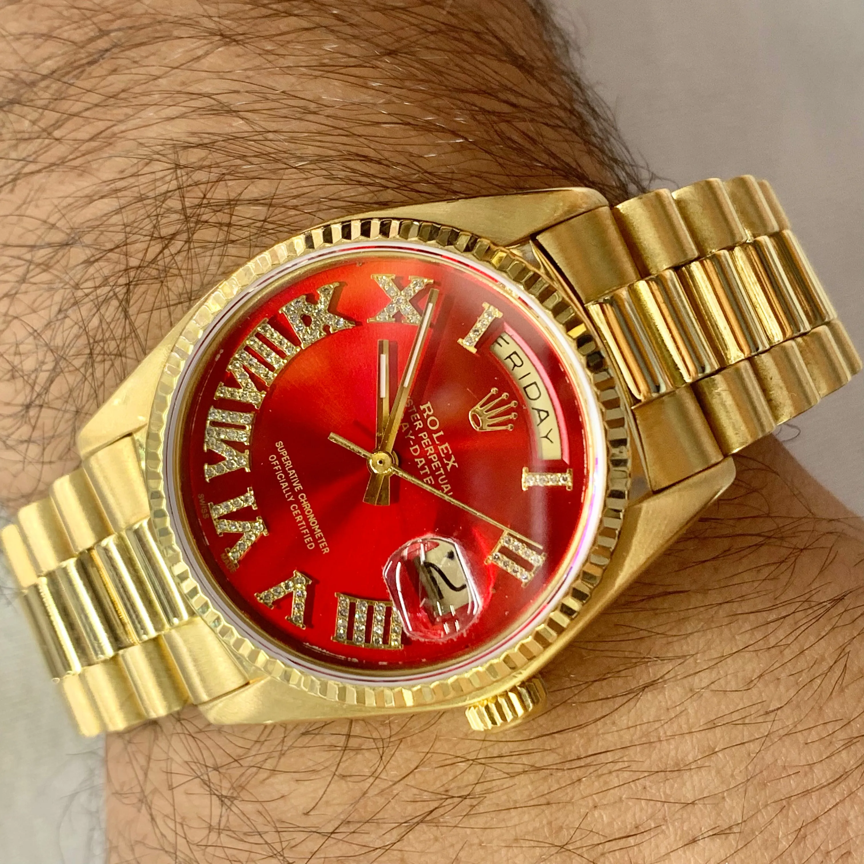 36mm 18k Gold Rolex Day-Date Presidential Watch (red diamond dial, quick set)