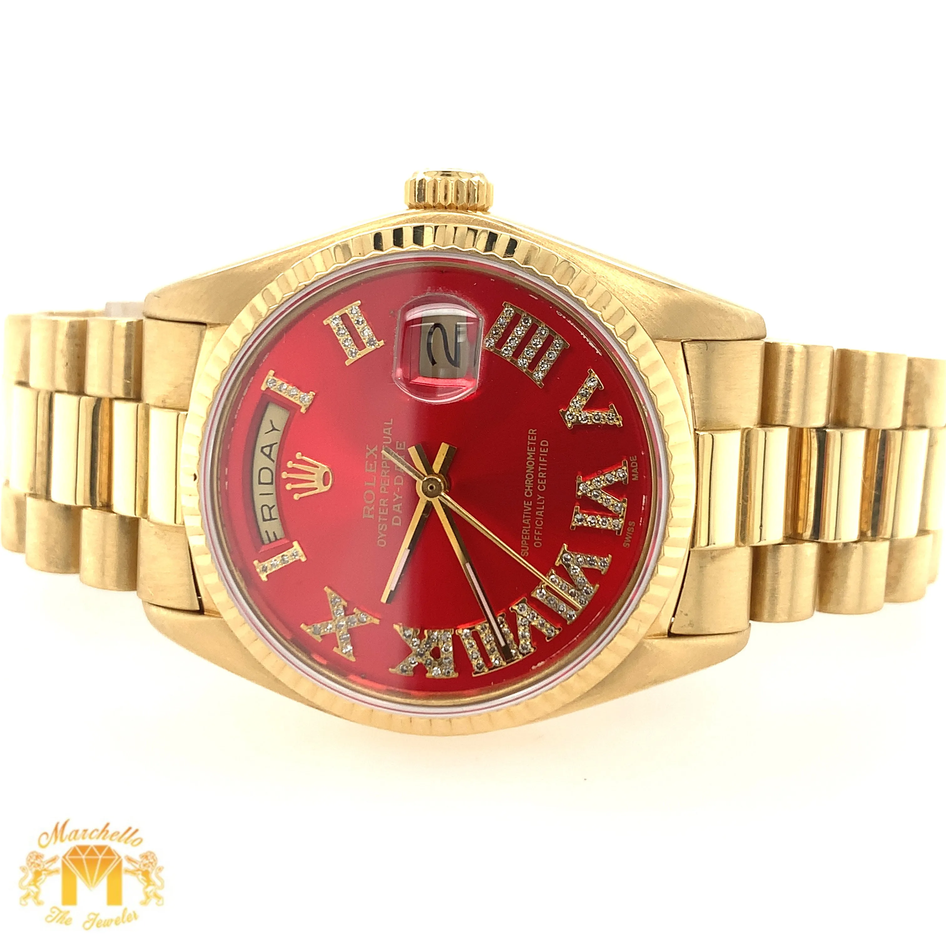 36mm 18k Gold Rolex Day-Date Presidential Watch (red diamond dial, quick set)