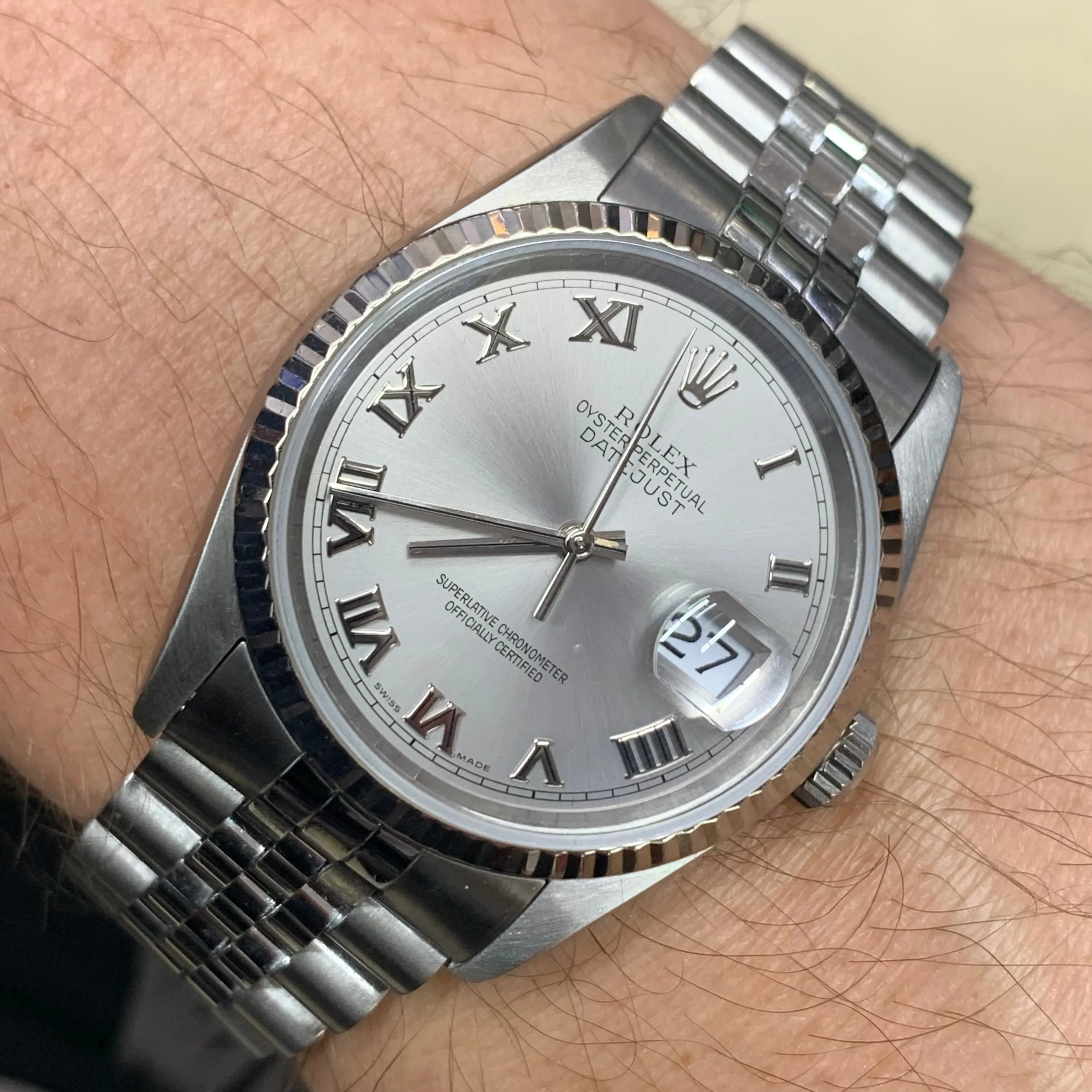 36mm Rolex Datejust Watch with Stainless Steel Jubilee Bracelet (quick-set, silver dial with Roman numerals)