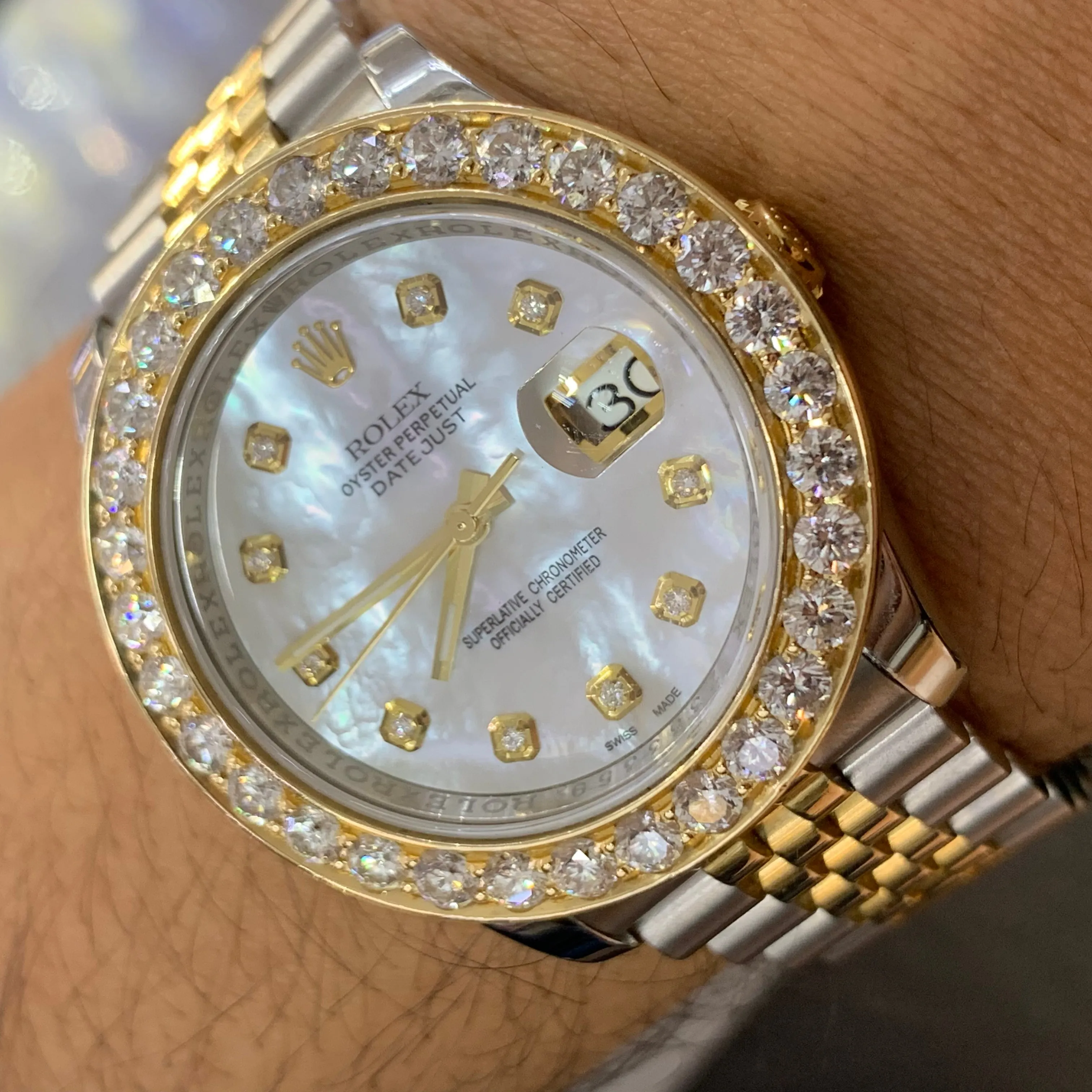 36mm Rolex Datejust Watch with Two-Tone Jubilee Bracelet (extra large custom diamond bezel)