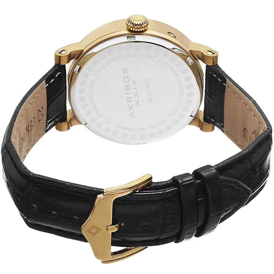 Akribos XxivCream Dial Gold Tone Stainless Steel Black Leather Men's Watch AK633YG