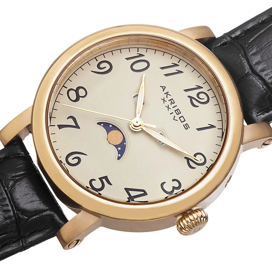 Akribos XxivCream Dial Gold Tone Stainless Steel Black Leather Men's Watch AK633YG
