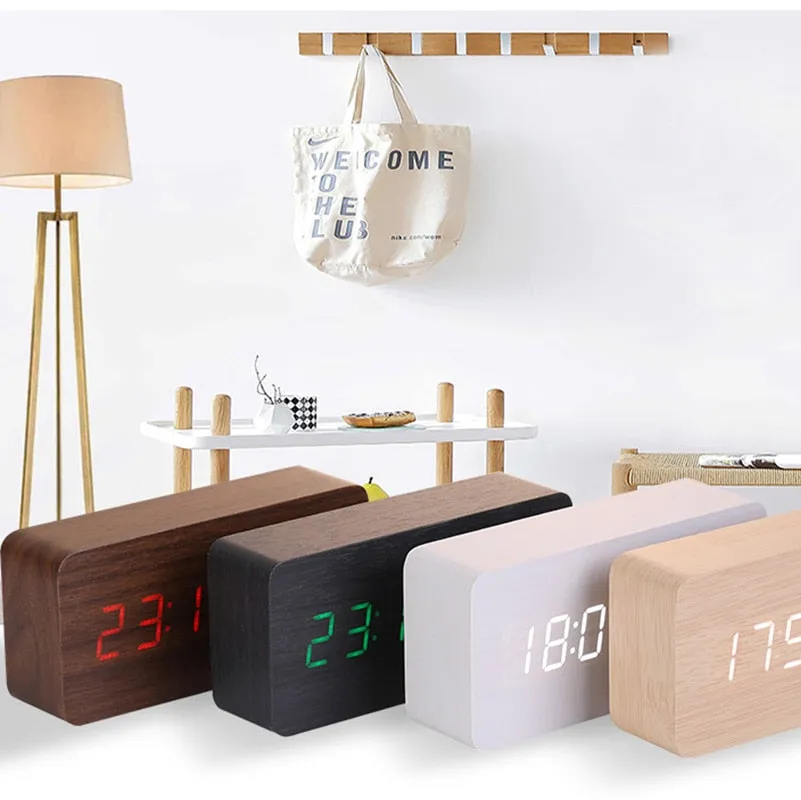 Alarm Clock LED Wooden Digital Table Clock Voice Control Wood Despertador USB/AAA Powered Electronic Desktop Clocks