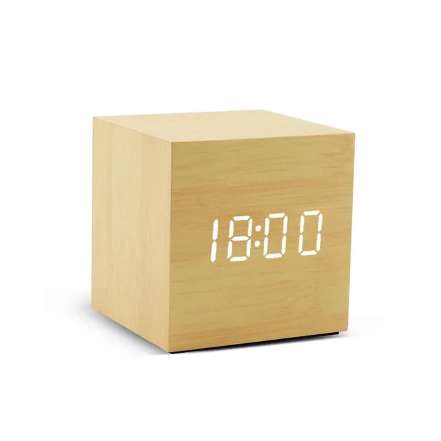 Alarm Clock LED Wooden Watch Table Voice Control Digital Wood Despertador