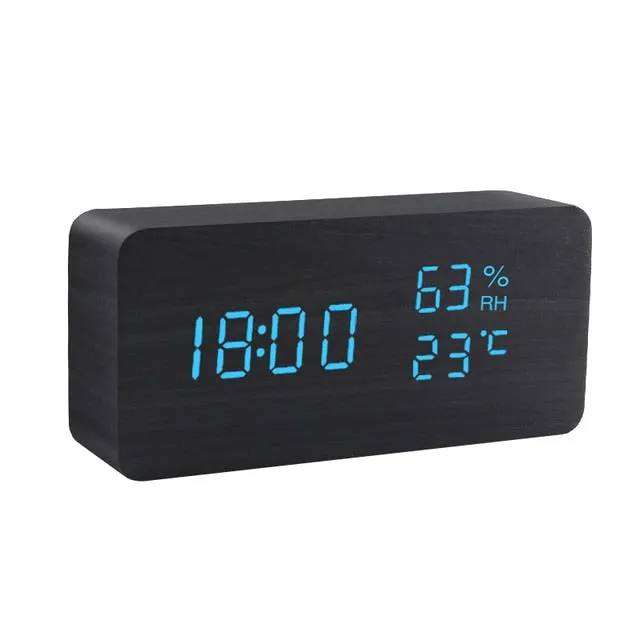 Alarm Clock LED Wooden Watch Table Voice Control Digital Wood Despertador
