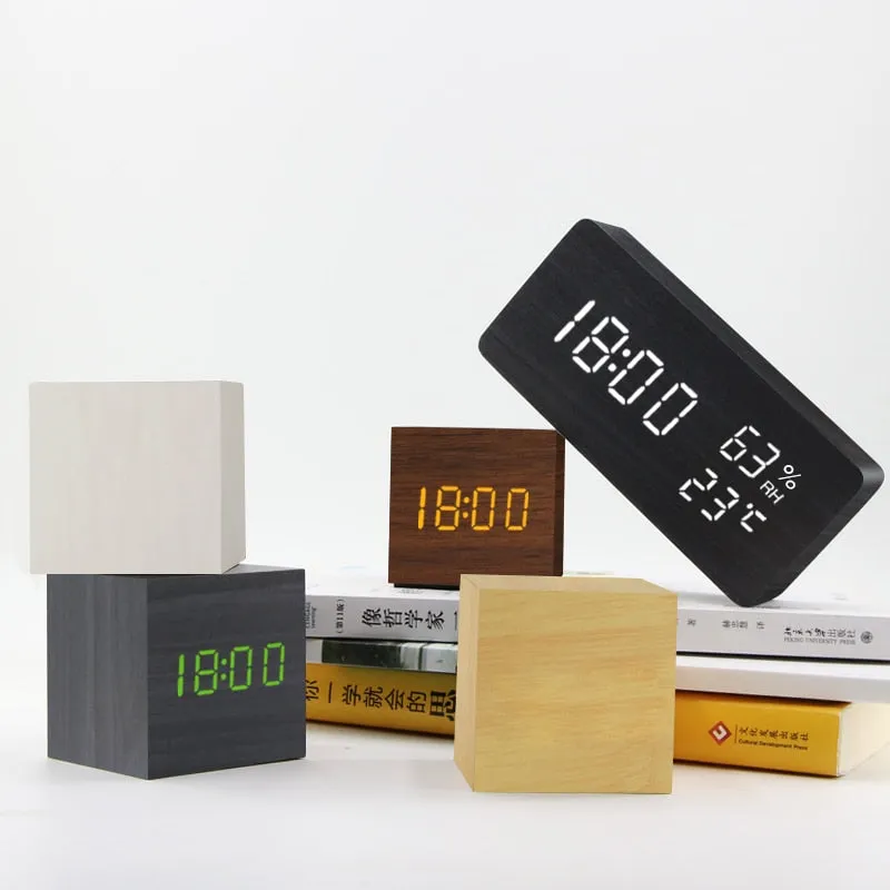 Alarm Clock LED Wooden Watch Table Voice Control Digital Wood Despertador