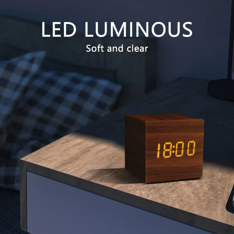 Alarm Clock LED Wooden Watch Table Voice Control Digital Wood Despertador