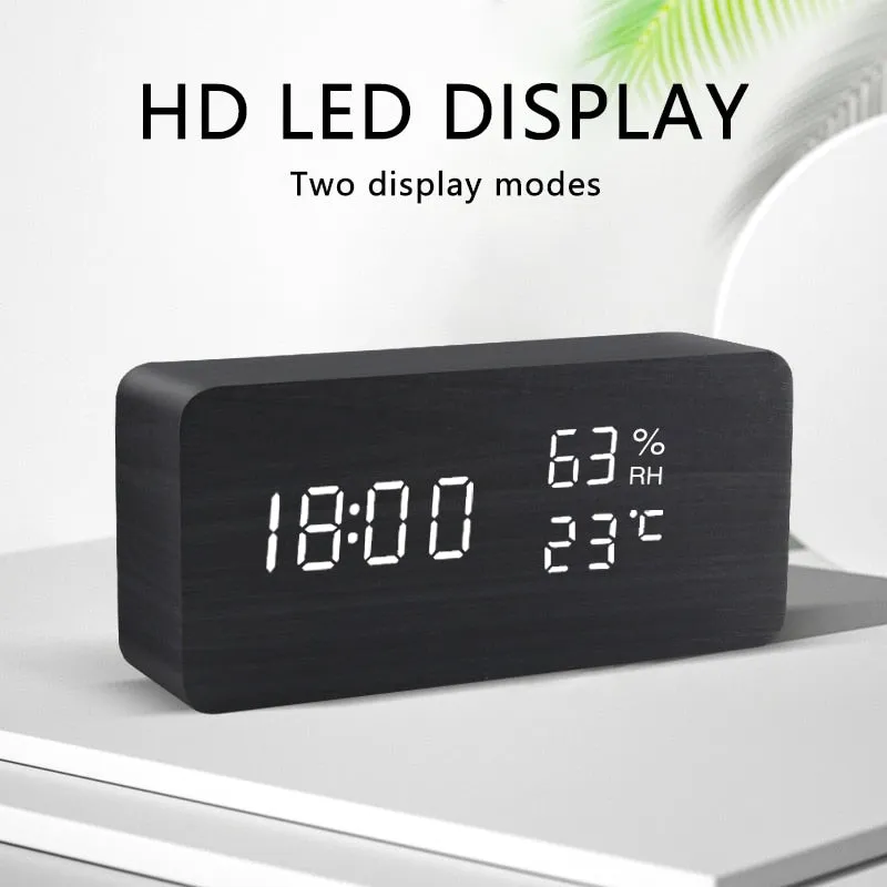 Alarm Clock LED Wooden Watch Table Voice Control Digital Wood Despertador