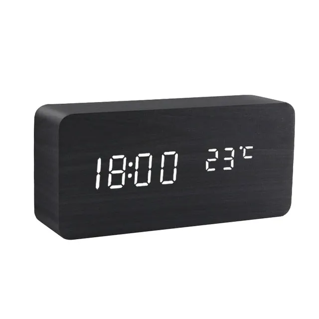 Alarm Clock LED Wooden Watch Table Voice Control Digital Wood Despertador