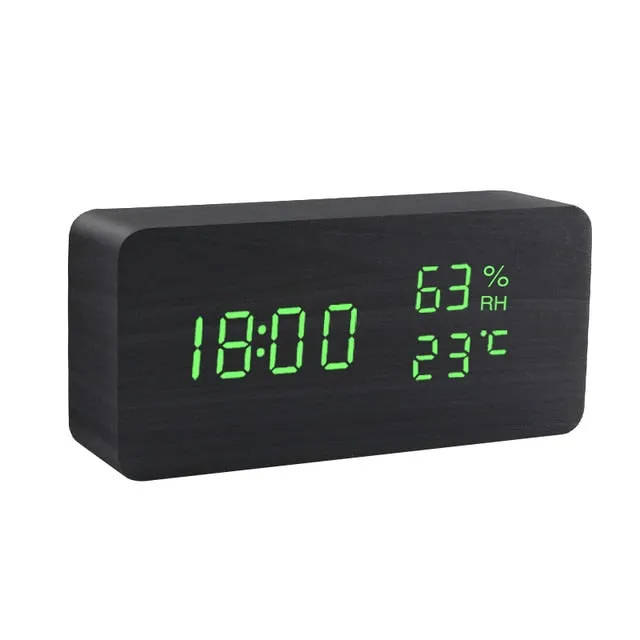 Alarm Clock LED Wooden Watch Table Voice Control Digital Wood Despertador