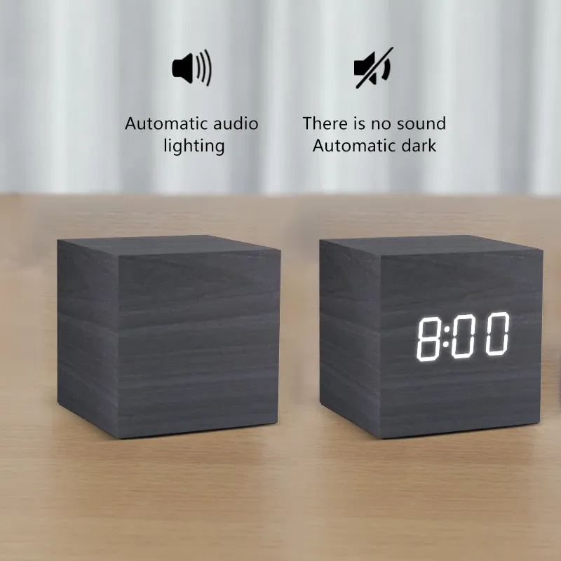 Alarm Clock LED Wooden Watch Table Voice Control Digital Wood Despertador