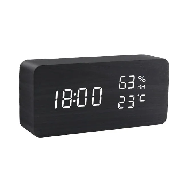 Alarm Clock LED Wooden Watch Table Voice Control Digital Wood Despertador