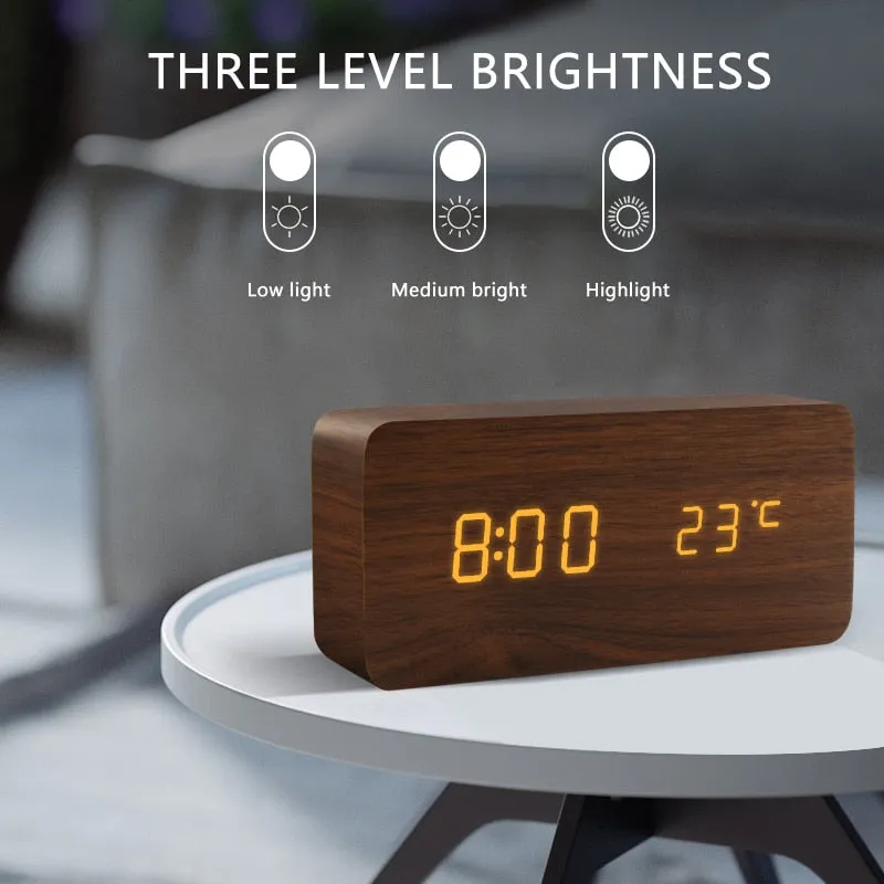 Alarm Clock LED Wooden Watch Table Voice Control Digital Wood Despertador