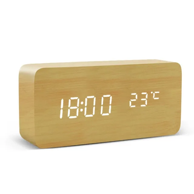 Alarm Clock LED Wooden Watch Table Voice Control Digital Wood Despertador