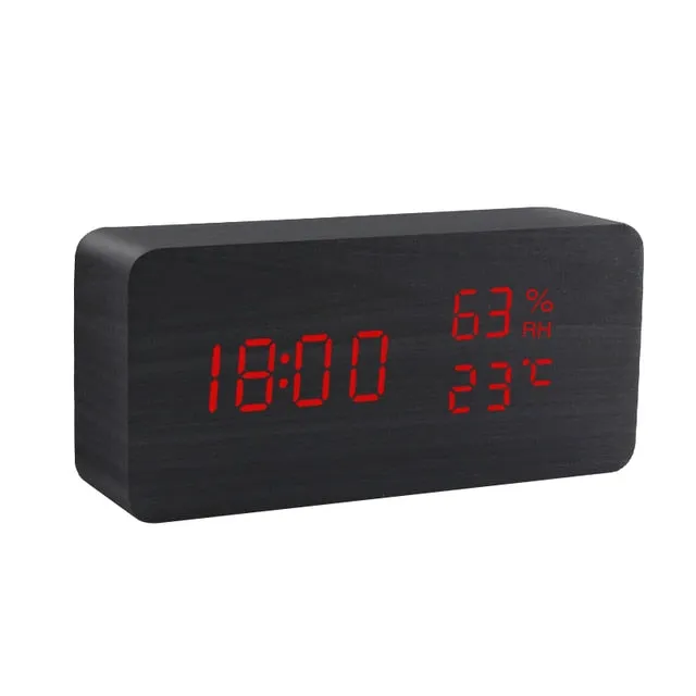 Alarm Clock LED Wooden Watch Table Voice Control Digital Wood Despertador
