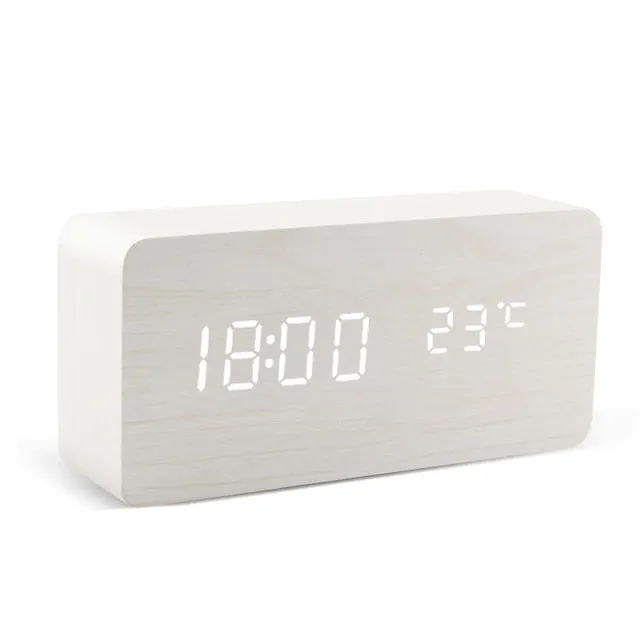 Alarm Clock LED Wooden Watch Table Voice Control Digital Wood Despertador