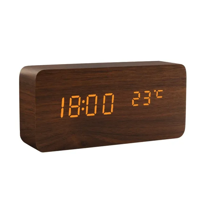 Alarm Clock LED Wooden Watch Table Voice Control Digital Wood Despertador