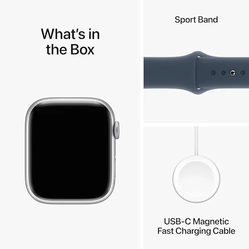 Apple Watch Series 9 [GPS 45mm] Smartwatch with Storm Blue Aluminum Case with Silver Sport Band M/L. Fitness Tracker, Blood Oxygen & ECG Apps, Always-On Retina Display