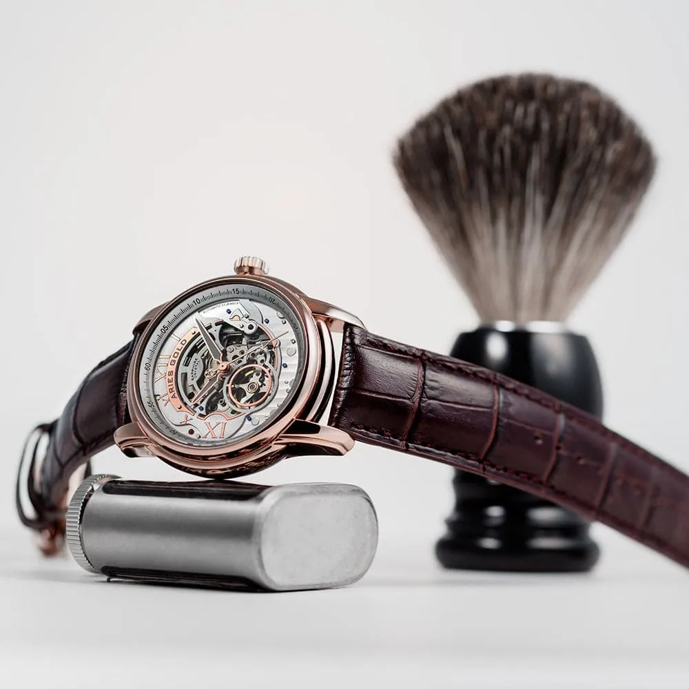 ARIES GOLD AUTOMATIC INFINUM EL TORO ROSE GOLD STAINLESS STEEL G 9005 RG-S BROWN LEATHER STRAP MEN'S WATCH
