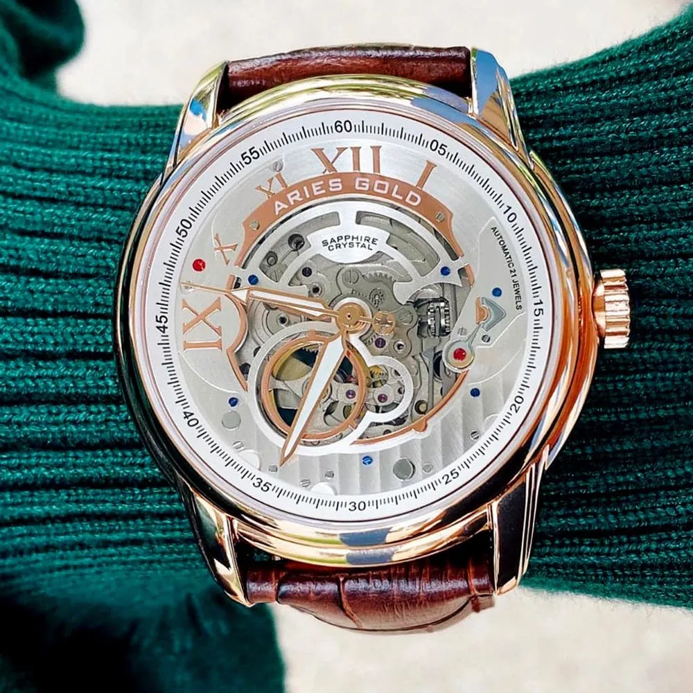 ARIES GOLD AUTOMATIC INFINUM EL TORO ROSE GOLD STAINLESS STEEL G 9005 RG-S BROWN LEATHER STRAP MEN'S WATCH