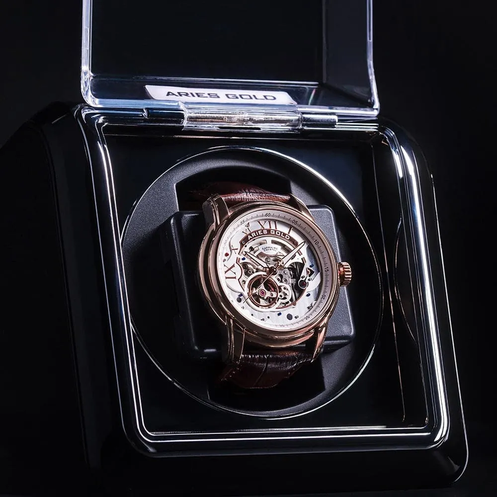 ARIES GOLD AUTOMATIC INFINUM EL TORO ROSE GOLD STAINLESS STEEL G 9005 RG-S BROWN LEATHER STRAP MEN'S WATCH
