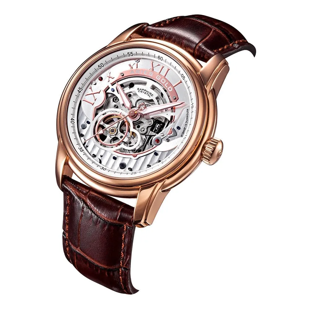ARIES GOLD AUTOMATIC INFINUM EL TORO ROSE GOLD STAINLESS STEEL G 9005 RG-S BROWN LEATHER STRAP MEN'S WATCH