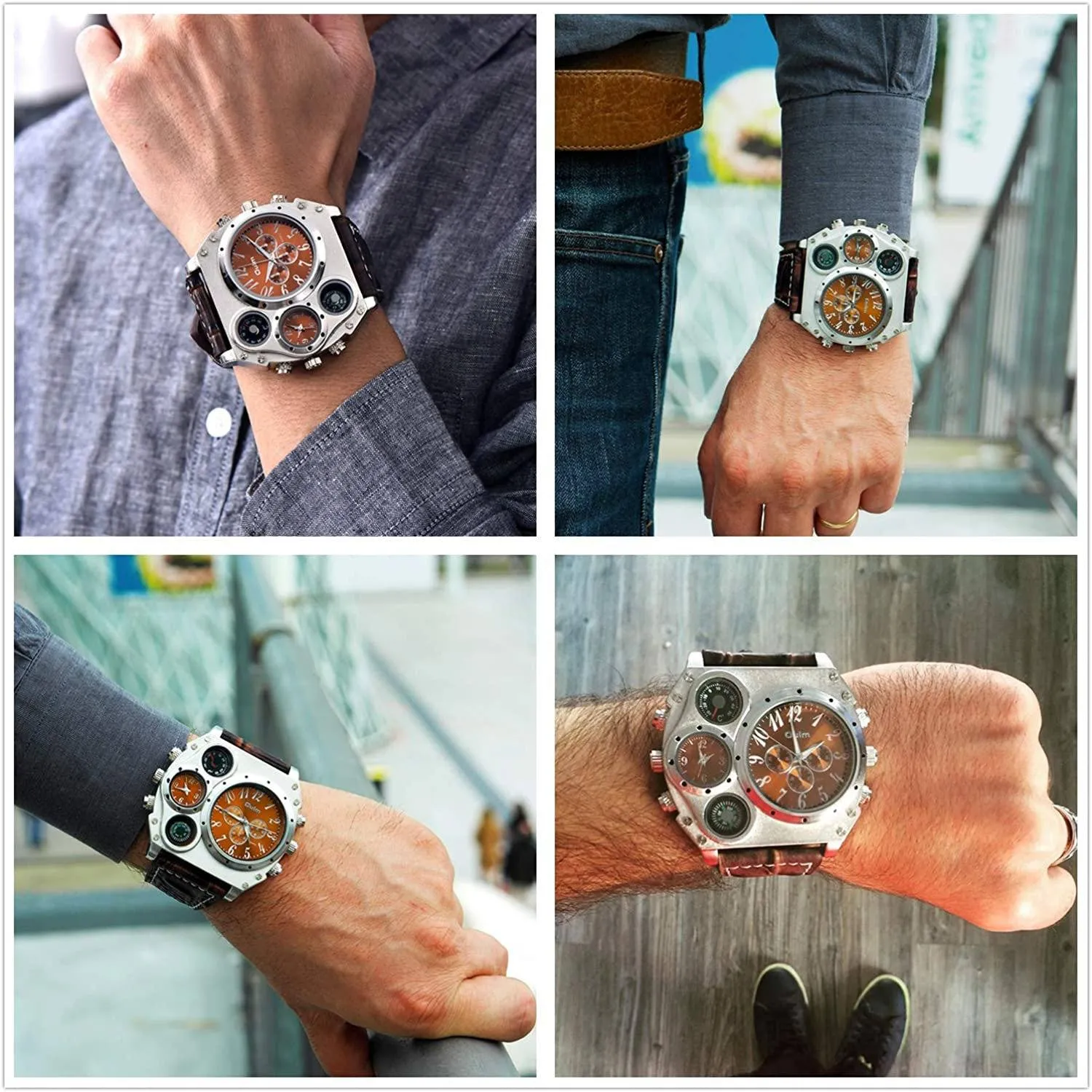 Avaner Mens Big Face Dual Time Zone Leather Strap Sport Watch
