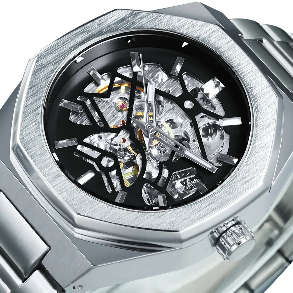 Black Gold Skeleton Automatic Mechanical Mens Watches TM344G Luxury WINNER Watch Stainless Steel Strap