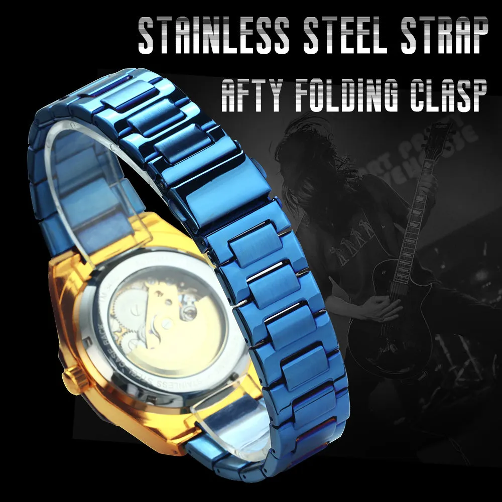 Black Gold Skeleton Automatic Mechanical Mens Watches TM344G Luxury WINNER Watch Stainless Steel Strap