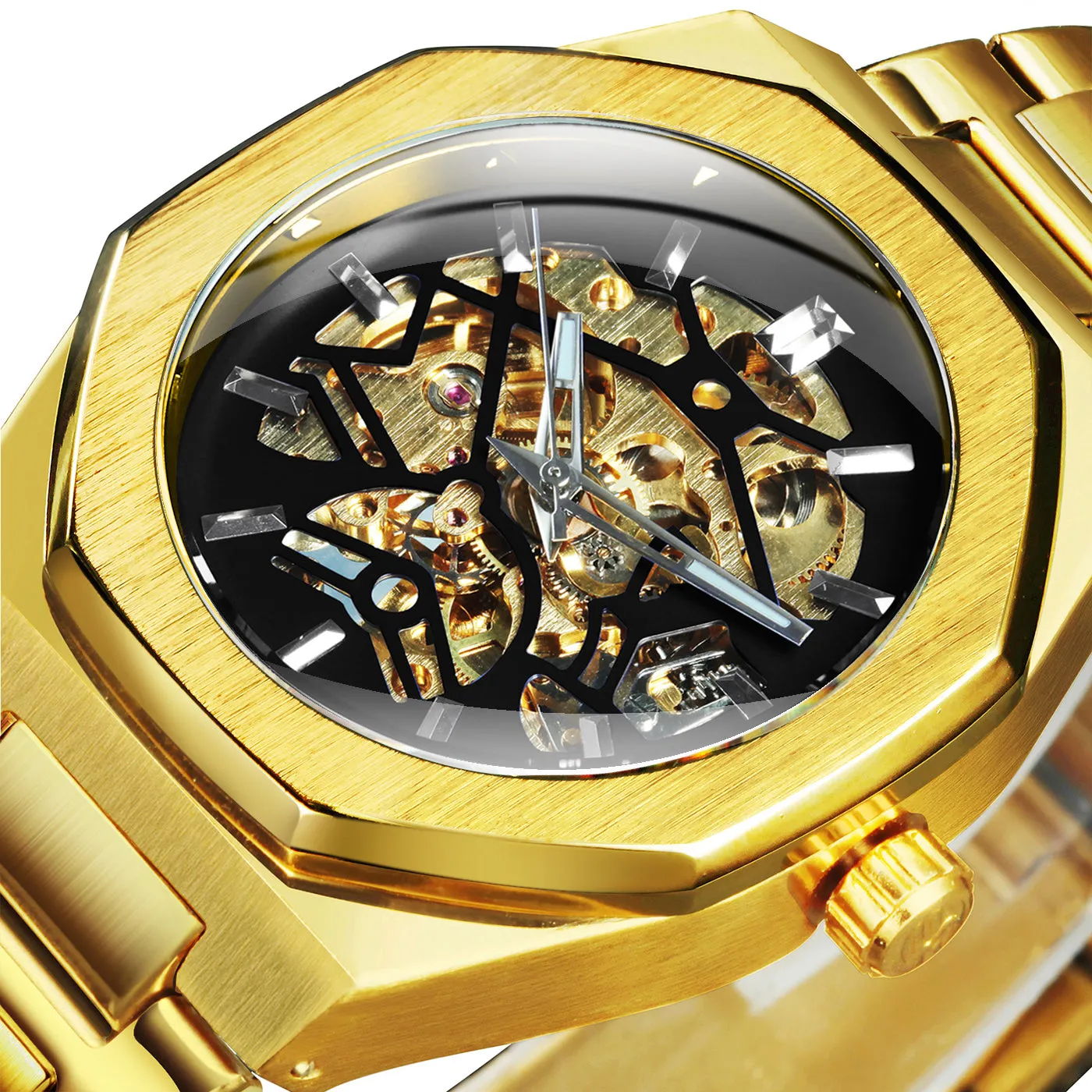 Black Gold Skeleton Automatic Mechanical Mens Watches TM344G Luxury WINNER Watch Stainless Steel Strap