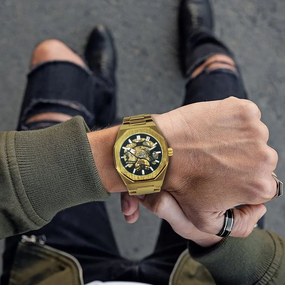 Black Gold Skeleton Automatic Mechanical Mens Watches TM344G Luxury WINNER Watch Stainless Steel Strap