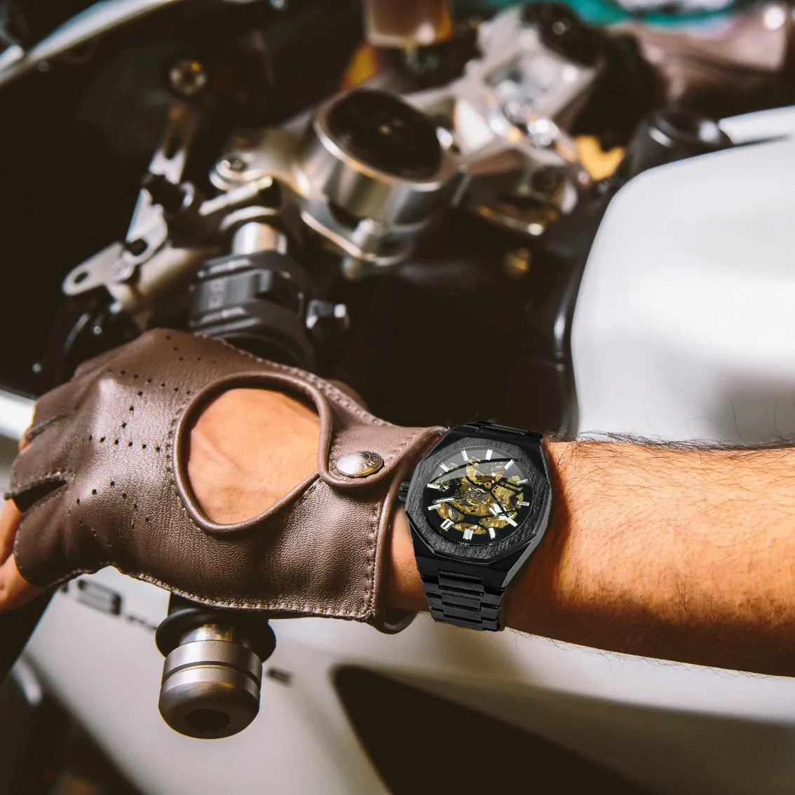 Black Gold Skeleton Automatic Mechanical Mens Watches TM344G Luxury WINNER Watch Stainless Steel Strap