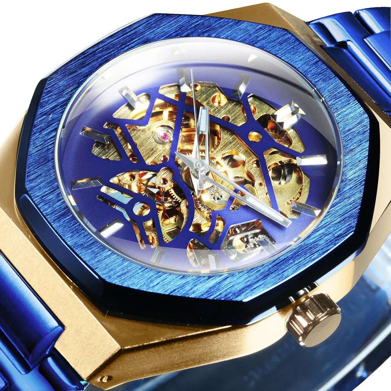 Black Gold Skeleton Automatic Mechanical Mens Watches TM344G Luxury WINNER Watch Stainless Steel Strap