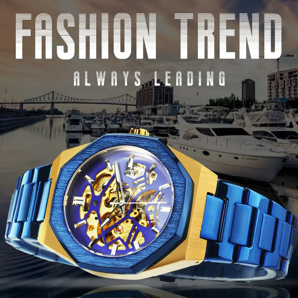 Black Gold Skeleton Automatic Mechanical Mens Watches TM344G Luxury WINNER Watch Stainless Steel Strap