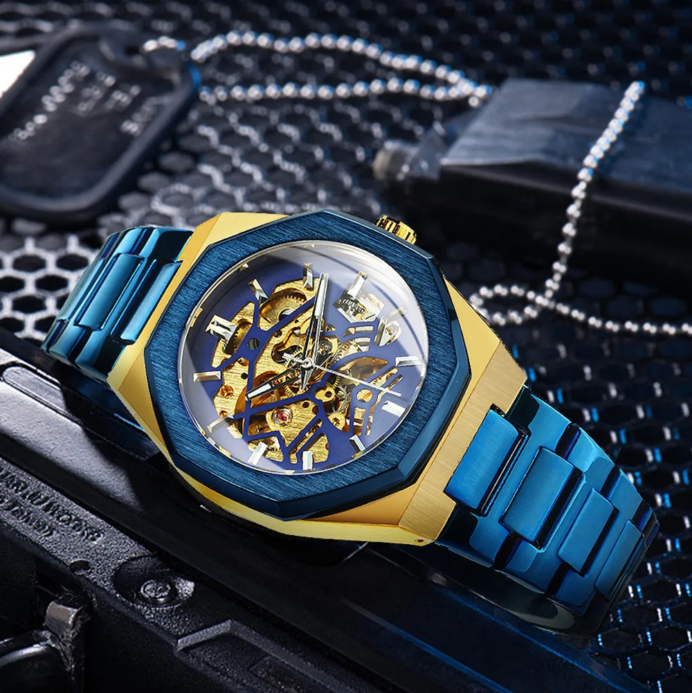 Black Gold Skeleton Automatic Mechanical Mens Watches TM344G Luxury WINNER Watch Stainless Steel Strap