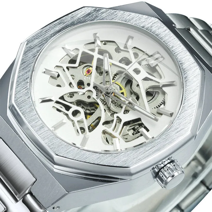 Black Gold Skeleton Automatic Mechanical Mens Watches TM344G Luxury WINNER Watch Stainless Steel Strap