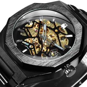 Black Gold Skeleton Automatic Mechanical Mens Watches TM344G Luxury WINNER Watch Stainless Steel Strap